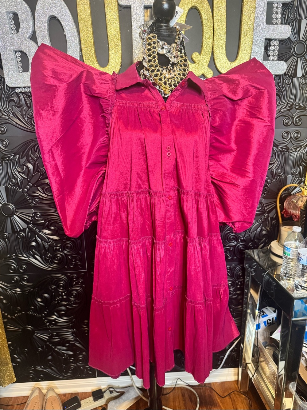 Fuchsia Puff-Sleeve Tiered Shirt Dress